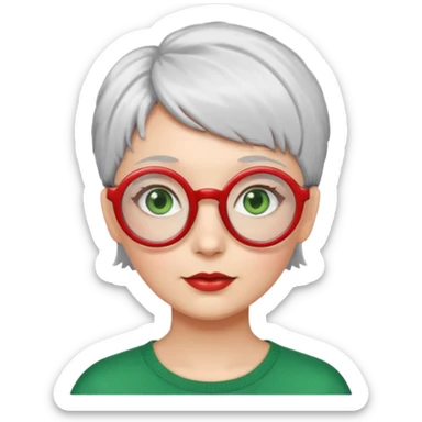 visage femme a lunettes ronde rouge avec cheveux courts gris-blancs aux yeux verts sticker