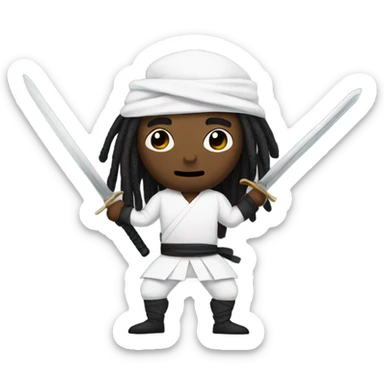 Guy with dreadlocks dressed as a white ninja with a sword sticker