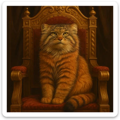 A brown-orange Pallas's cat (Manul) sitting on a royal throne, looking majestic sticker