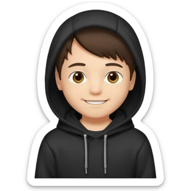 A brunette boy, short straight hair, light brown eyes, with a black sweatshirt with a hoodie, and smile  sticker
