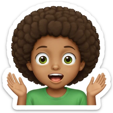 afro kid with big eyes, brown hair, green t-shirt, mouth open, smiling, looking up sticker
