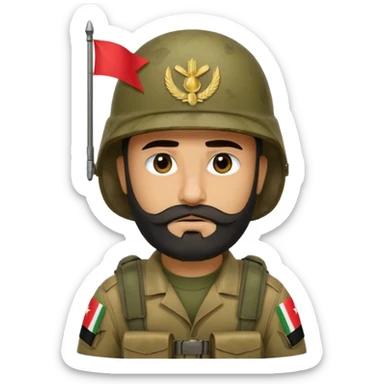 A tired, swarthy Iraqi soldier with a beard, an Iraqi flag on his helmet, a sad expression and bags under his eyes sticker