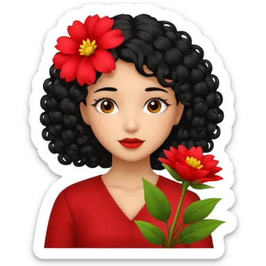 A girl with curly  black  hair and res flowers in her hands sticker