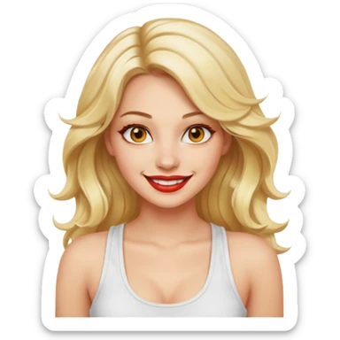 a woman with white tank top and smile, her hair is long wavy blonde hair, her face is baddie girl style, her eyes color are yellow and the color of her lip is soft red sticker