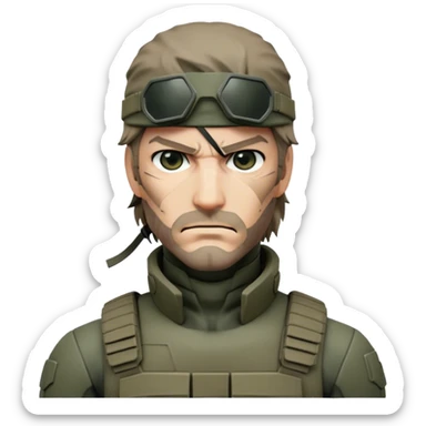 Cinematic Realistic Metal Gear Solid Snake Soldier Portrait, head tilted epicly and inquisitively, showcasing a commanding presence and tactical acumen. His weathered face, intense eyes, and meticulously rendered combat gear in muted earth tones are brought to life with lifelike clarity and dramatic lighting, high shine, epic and awe-inspiring, embodying the covert prowess of a true warrior of the shadows. sticker