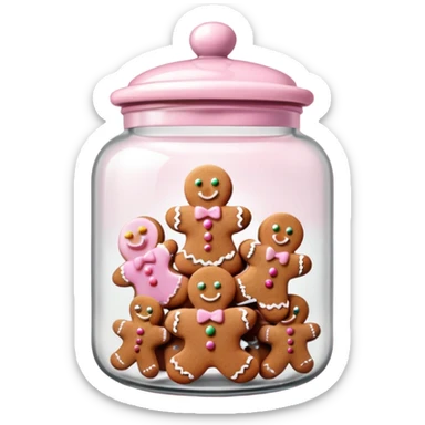 Realistic glass cookie jar with light pink lid full of gingerbread cookies isolated.  sticker