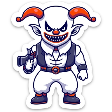 full-body muscular demonic clown, battle-ready, black and white leisure suit with bellbottom pants, bald, black ram horns, flashy black and white belt, ruffled white shirt, no neck tie, large fangs, holding very large futuristic rifle sticker