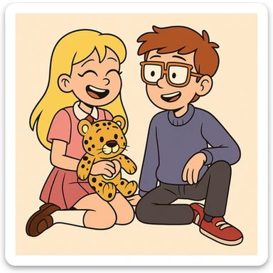 A Girl yellow hair Baby dresses pink school uniform white knee highs sock brown loafer girls shoes plushie Cheetah a boy orange glasses with shirt pjumper purple a pink red tie shoe sticker