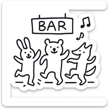 cute line drawing for coloring: a group of animals dancing in a bar, simple line style, no fill, for children to color sticker