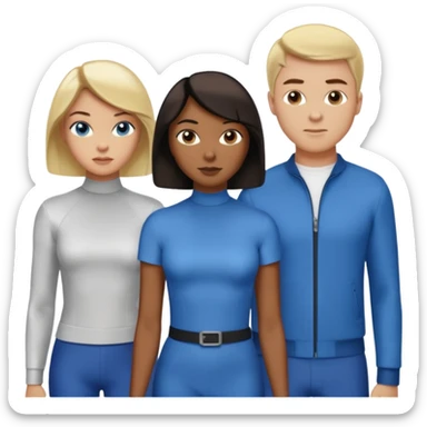 3 Friends standing side by side, charlie's angels style: 1 black woman with a short flat pressed bob, 1 hispanic man with a thin nose and long hair, and 1 white guy with blue eyes and a short brown-blonde haircut sticker