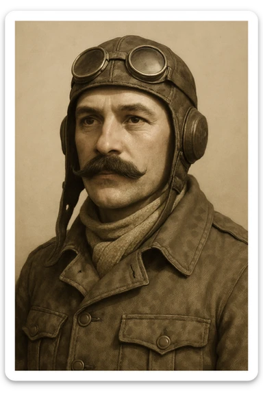a pilot from vintage biplane era, wearing leather helmet and mustache, neutral background sticker