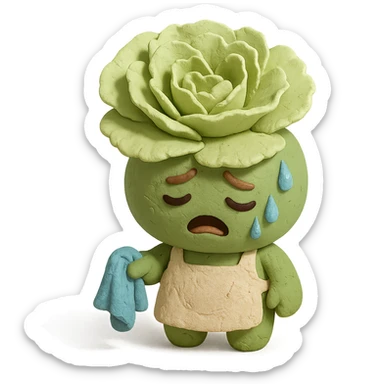 light green carnation flower with a messy apron and exhausted face, sweat dripping, holding a cleaning rag, super round chibi style, claymation style sticker