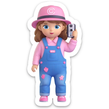 3D cartoon character design of a cute baby girl with golden brown hair, big blue eyes, pink blush, wearing denim overalls with the word 'cute' printed on her clothes, a cute hat, big head and small body, holding a camera, back view sticker
