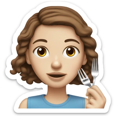 White girl Brown hair blue eyes freackles eating Tofu salad with fork sticker