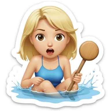 blond woman sitting on her knees, biting a wide stick with a D-shaped knob, both the same color as her skin, the knob has visible skin texture, water jet shooting from the flat side of the knob into her mouth, surprised look sticker
