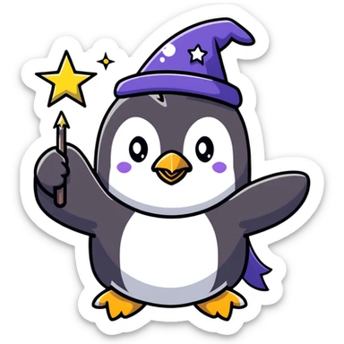 A cute penguin wizard casting a spell with stars and sparkles sticker