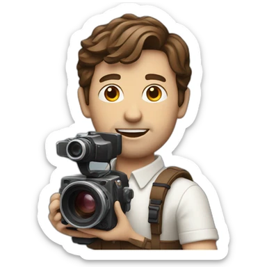 European film director with brown hair holding a cinema camera sticker