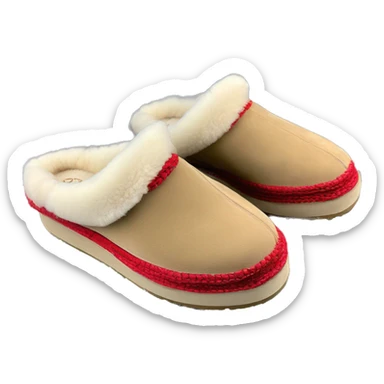 Camel color platform slip-on UGG slippers. has a thin red woven zig-zag trim detail on the cuff sticker