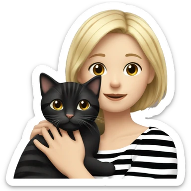 A girl with short blond hair hugs a black striped cat sticker