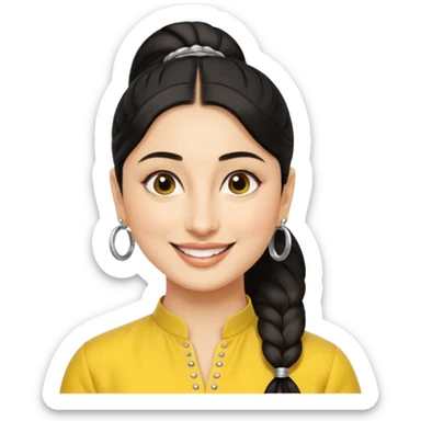 generate a pretty bratz emoji that looks like Kareena Kapoor's Geet character. 
Make her wear a yellow kurti, silver hoops, black hair in a ponytail. smiling big

She should look like Kareena Kapoor sticker