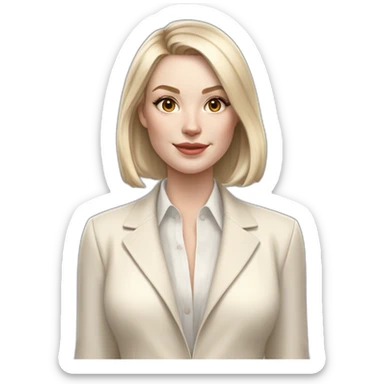 pale skin woman with ash blonde Straightened bob Hair, White Spacious classical jacket, beige palazzo Arrow pants and gray blouse holding white IPhone 15 pro in the hands sticker