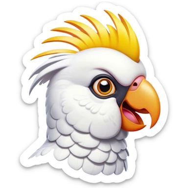 Cinematic Comical Cockatoo Portrait Emoji, Head tilted dramatically with an exaggeratedly shocked expression, featuring a striking, crest-adorned head with wide, comically expressive eyes full of playful disbelief and a vibrant, animated beak, Simplified yet hilariously expressive features, highly detailed, glowing with a slightly sassy tropical glow, high shine, dramatic yet playful, stylized with an air of cheeky avian mischief, soft glowing outline, capturing the essence of a meme-worthy cockatoo that looks ready to squawk its way into viral fame! sticker