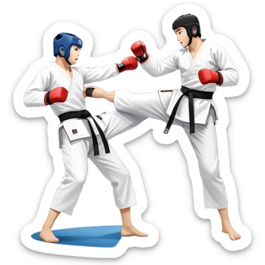 Two taekwondo fighters in traditional white doboks with black belts compete in a dynamic match. One delivers a high kick, while the other blocks using their knee. The background features a professional arena with bright lights and spectators. Transparent background. sticker