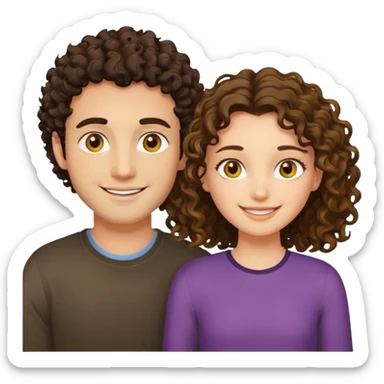 Sarı ve dağınık saçlı ela gözlü beyaz tenli erkek ve saçları koyu kahverengi kıvırcık  saçlı kız yan yana gülümsüyor sticker