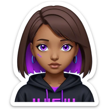 brown haired girl with a bob blue eyes wearing black hoody with violet letters "Lu", winks with one eye. Cyberpunk style. Violet neon. sticker