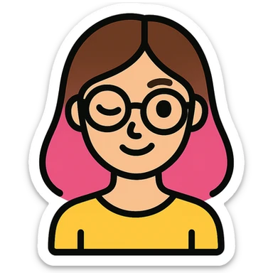 woman with gradient hair from dark to pink with glasses, brown roots, brown eyebrow, flirting sticker