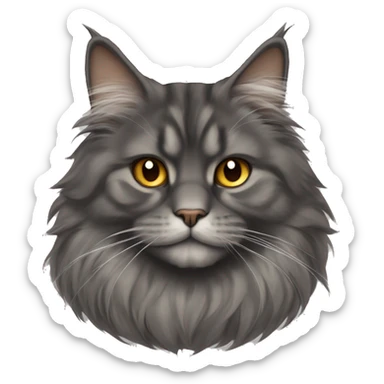 A Persian-Maine Coon mix with a thick, smoky-gray coat, round amber eyes, a flat, expressive face, and small, rounded ears. The fur is dense and fluffy, giving a plush and majestic appearance. sticker