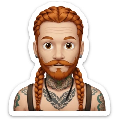 thick very dark ginger braids man very white old very tattoed with the whitest mustache ever sticker