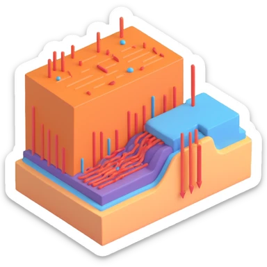 simplified 3D diagram of a cell membrane with double phospholipid layer, a single channel protein, arrows or particles showing transport through the channel, easy to understand, educational style sticker