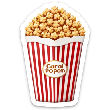 minimalist caramel popcorn in a red and white vertically striped package, golden brown caramel-covered popcorn, no text on package, only red and white stripes, glossy iOS emoji style sticker