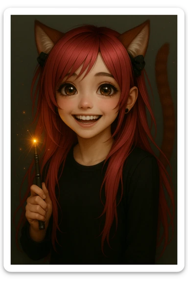 Enhance the facial expression to be even happier with a big bright smile and sparkling eyes. Maintain the emo style, pink hair, magical accessory, and sparkles in a realistic anime style. sticker