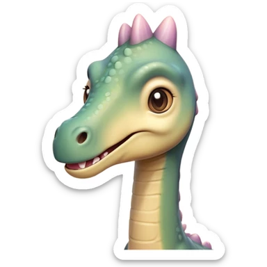 Cinematic Cute Brachiosaurus Portrait Emoji, Head tilted playfully with a warm, endearing smile, featuring a diminutive, almost whimsical head atop an impressively long neck and a sturdy, gentle body, adorned in soft, pastel earthy hues, Simplified yet irresistibly adorable features, highly detailed, glowing with a tender, inviting glow, high shine, affectionate and lively, stylized with a touch of prehistoric whimsy, soft glowing outline, capturing the essence of a playful Brachiosaurus that seems as if it could amble out of the screen into your arms! sticker