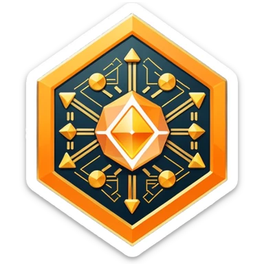 Futuristic reward points icon with PFD text in the middle, diamond or hexagon shape, circuit board lines, Bloomberg terminal aesthetic, gold orange phosphor glow on dark background, minimalist geometric, no text, fintech style, clean edges, professional icon design sticker