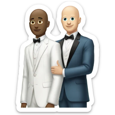 Two twin bald white men going to prom together posing with one of them behind and holding the one in front  sticker