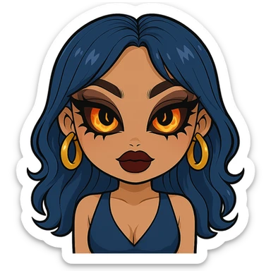 Make her eyes much scarier while keeping a nice and cute look, gyaru style, blue hair, pretty makeup, bratz baddie vibe, emoji style, with no background. sticker