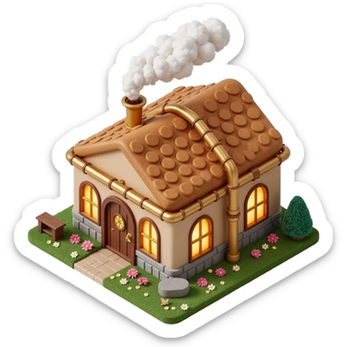 Exterior of a luxurious cookie factory with shiny golden pipes covering the walls and roof, steam clouds rising from vents, glowing windows sticker