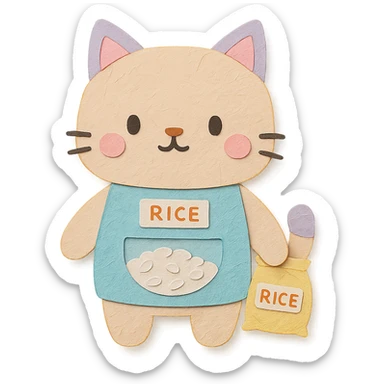 chibi rice dispenser cat standing with a tiny rice bag, soft pastel colors, full-body sticker