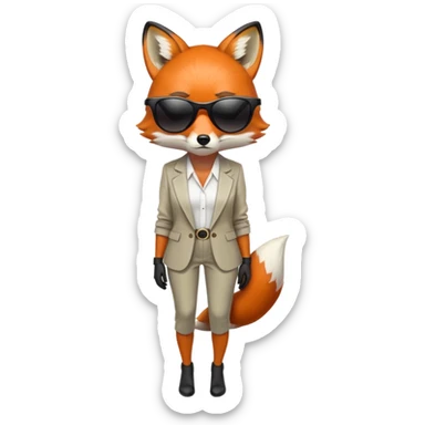 serious anthropomorphised female fox in stylish outfit with sunglasses, back facing the viewer, head down, heavy frown, full-body view sticker
