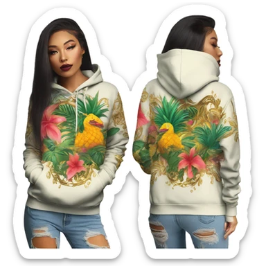 Trendy lady tropical multicoloured baroque hoodie with tattoos and gold chain sticker