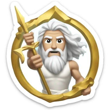 white man Poseidon with gold Trident. long white hair white dress. show biceps sticker