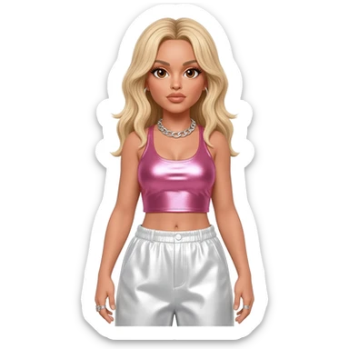 Britney Spears with brown eyes, long blonde hair, pink metallic crop top, white metallic baggy pants, silver necklace sticker