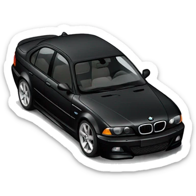 A black bmw e46 facing the camera, it has angle eye headlights sticker