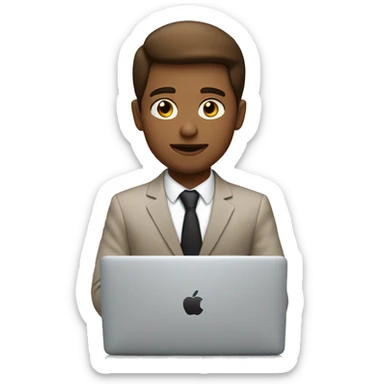 young man white and brown dressed in a suit work on apple macbook sticker
