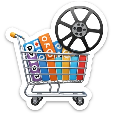 shopping cart with multiple video player symbols and a film reel sticker