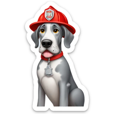 Merle grey Great Dane wearing a red fire fighter hat  sticker