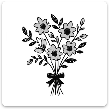 A beautiful bouquet of mixed flowers with ribbon in pastel colors (dd9fb0, ffc6d3, a3bfc9, c4bee2, f1b091), hand-drawn doodle style sticker